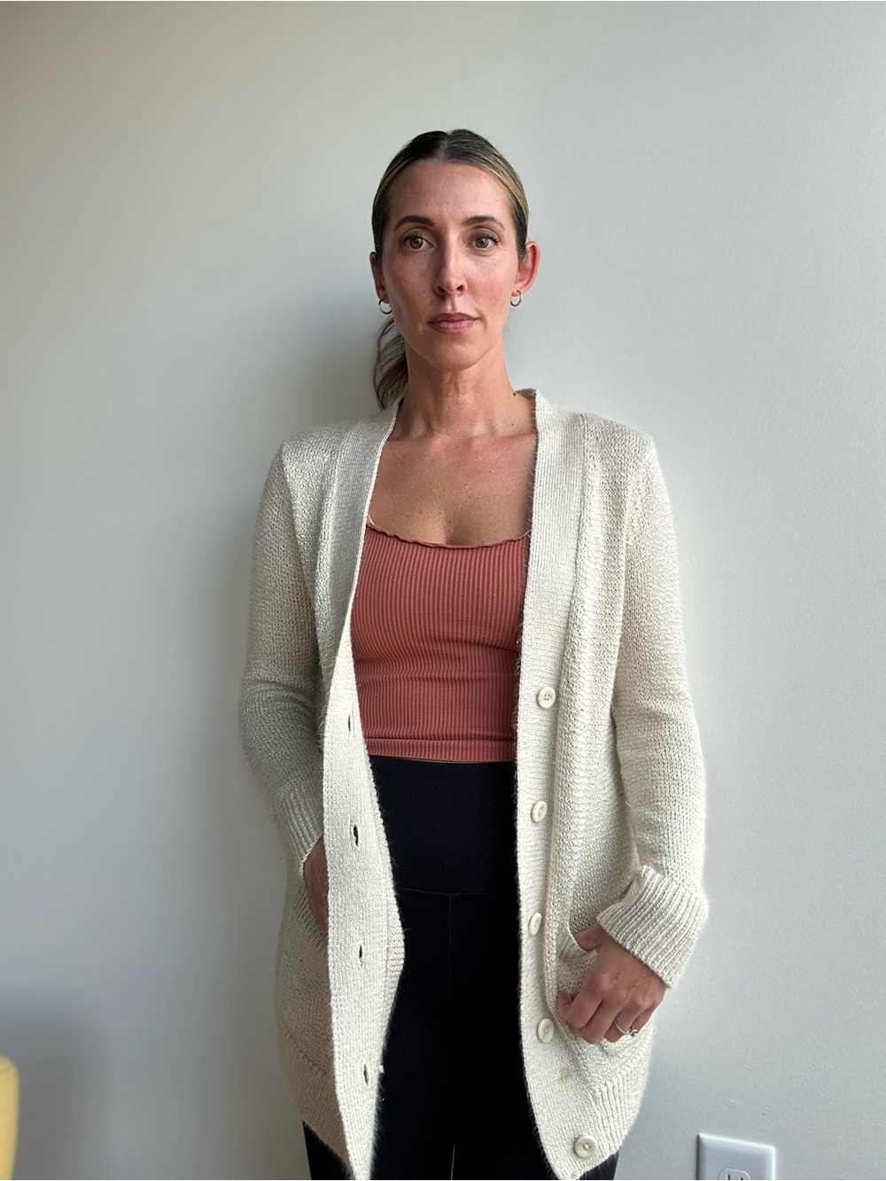 Mudd Ivory Open-Front Button Cardigan